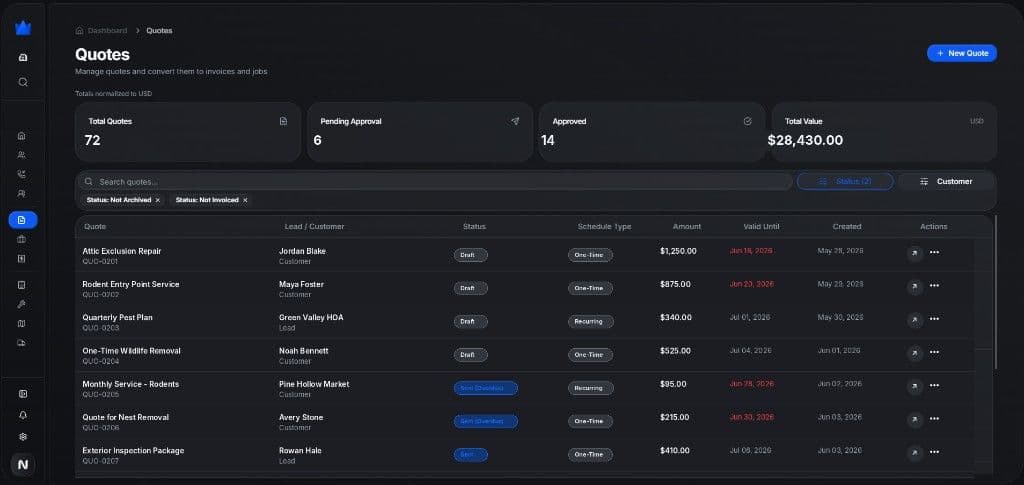 Quotes list showing approval and conversion workflow