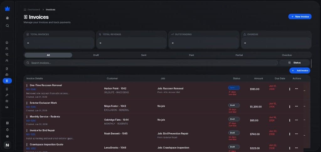 Invoices view showing payment and invoice status